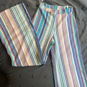 Striped 70s style Flare Pants. Multi-color. High-waisted. Cotton/Poly fabric